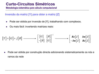 Curto-Circuitos Simétricos
Metodologia sistemática para cálculo computacional
 Pode ser obtida por inversão de [Y], trabalhando com complexos.
 Ou mais fácil: invertendo matrizes reais:
 Pode ser obtida por construção directa adicionando sistematicamente os nós e
ramos da rede
Inversão da matriz [Y] para obter a matriz [Z]
   
   
1
G B
B G

 
 
 
   
   
Re Im
Im Re
Z Z
Z Z
 
 
 
     Y G j B 
 