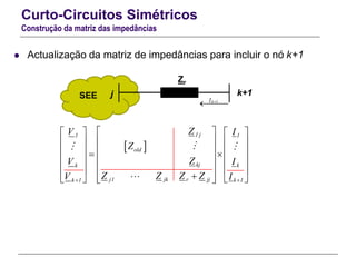 Curto-Circuitos Simétricos
Construção da matriz das impedâncias
 Actualização da matriz de impedâncias para incluir o nó k+1
jSEE k+1
Zr
k 1I 

 
1 j 11
old
kj kk
j1 jk r jj k 1k 1
ZV I
Z
ZV I
Z Z Z ZV I 
    
    
     
    
    
      
 