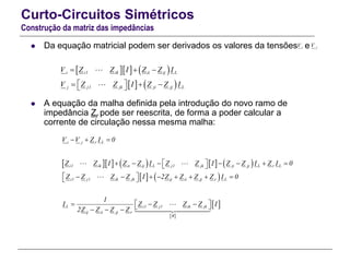 Curto-Circuitos Simétricos
Construção da matriz das impedâncias
    
   
i1 ik ii ij Li
j1 jk ji jj Lj
V Z Z I Z Z I
V Z Z I Z Z I
  
    
iV Da equação matricial podem ser derivados os valores da tensões e
 A equação da malha definida pela introdução do novo ramo de
impedância Zr pode ser reescrita, de forma a poder calcular a
corrente de circulação nessa mesma malha:
jV
        
   
 
 
r Li j
i1 ik ii ij L j1 jk ji jj L r L
i1 j1 ik jk ij ii jj r L
L i1 j1 ik jk
ij ii jj r
B
V V Z I 0
Z Z I Z Z I Z Z I Z Z I Z I 0
Z Z Z Z I 2Z Z Z Z I 0
1
I Z Z Z Z I
2Z Z Z Z
  
        
         
      
 