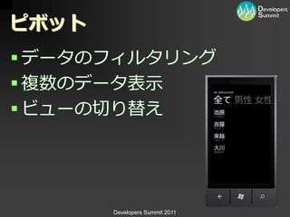 ピボット
 データのフゖルタリング
 複数のデータ表示
 ビューの切り替え




       Developers Summit 2011
 