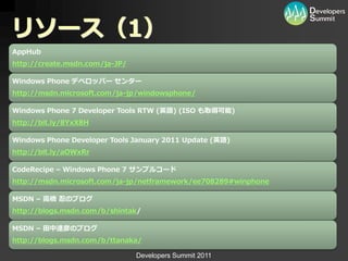 リソース（1）
AppHub
http://create.msdn.com/ja-JP/

Windows Phone デベロッパー センター
http://msdn.microsoft.com/ja-jp/windowsphone/

Windows Phone 7 Developer Tools RTW (英語) (ISO も取得可能)
http://bit.ly/8YxX8H

Windows Phone Developer Tools January 2011 Update (英語)
http://bit.ly/aOWxRr

CodeRecipe – Windows Phone 7 サンプルコード
http://msdn.microsoft.com/ja-jp/netframework/ee708289#winphone

MSDN – 高橋 忍のブログ
http://blogs.msdn.com/b/shintak/

MSDN – 田中達彦のブログ
http://blogs.msdn.com/b/ttanaka/

                                Developers Summit 2011
 