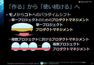 [17-D-3]リーンスタートアップとスマートなエンジニアリングの葛藤
Hashtag: #devsumiD
「作る」から「使い続ける」へ
• モノからコトへのパラダイムシフト
–単一プロジェクトのためのプロダクトマネジメント
単一プロジェクト
プロダクトマネジメント
–複数プロジェクトに跨がるプロダクトマネジメント
複数プロジェクト
プロダクトマネジメント
Copyright© Growth xPartners, Inc. All rights reserved. 12
…
 