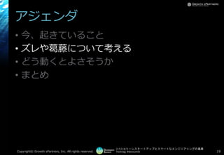 [17-D-3]リーンスタートアップとスマートなエンジニアリングの葛藤
Hashtag: #devsumiD
アジェンダ
• 今、起きていること
• ズレや葛藤について考える
• どう動くとよさそうか
• まとめ
Copyright© Growth xPartners, Inc. All rights reserved. 19
 