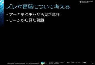 [17-D-3]リーンスタートアップとスマートなエンジニアリングの葛藤
Hashtag: #devsumiD
ズレや葛藤について考える
• アーキテクチャから見た葛藤
• リーンから見た葛藤
Copyright© Growth xPartners, Inc. All rights reserved. 21
 