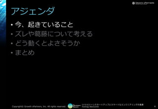 [17-D-3]リーンスタートアップとスマートなエンジニアリングの葛藤
Hashtag: #devsumiD
アジェンダ
• 今、起きていること
• ズレや葛藤について考える
• どう動くとよさそうか
• まとめ
Copyright© Growth xPartners, Inc. All rights reserved. 4
 