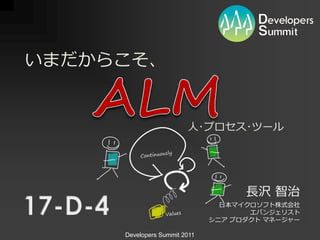 いまだからこそ、


                        人･プロセス･ツール




                                    長沢 智治
                                日本マ゗クロソフト株式会社
                                     エバンジェリスト
                              シニゕ プロダクト マネージャー

     Developers Summit 2011
 