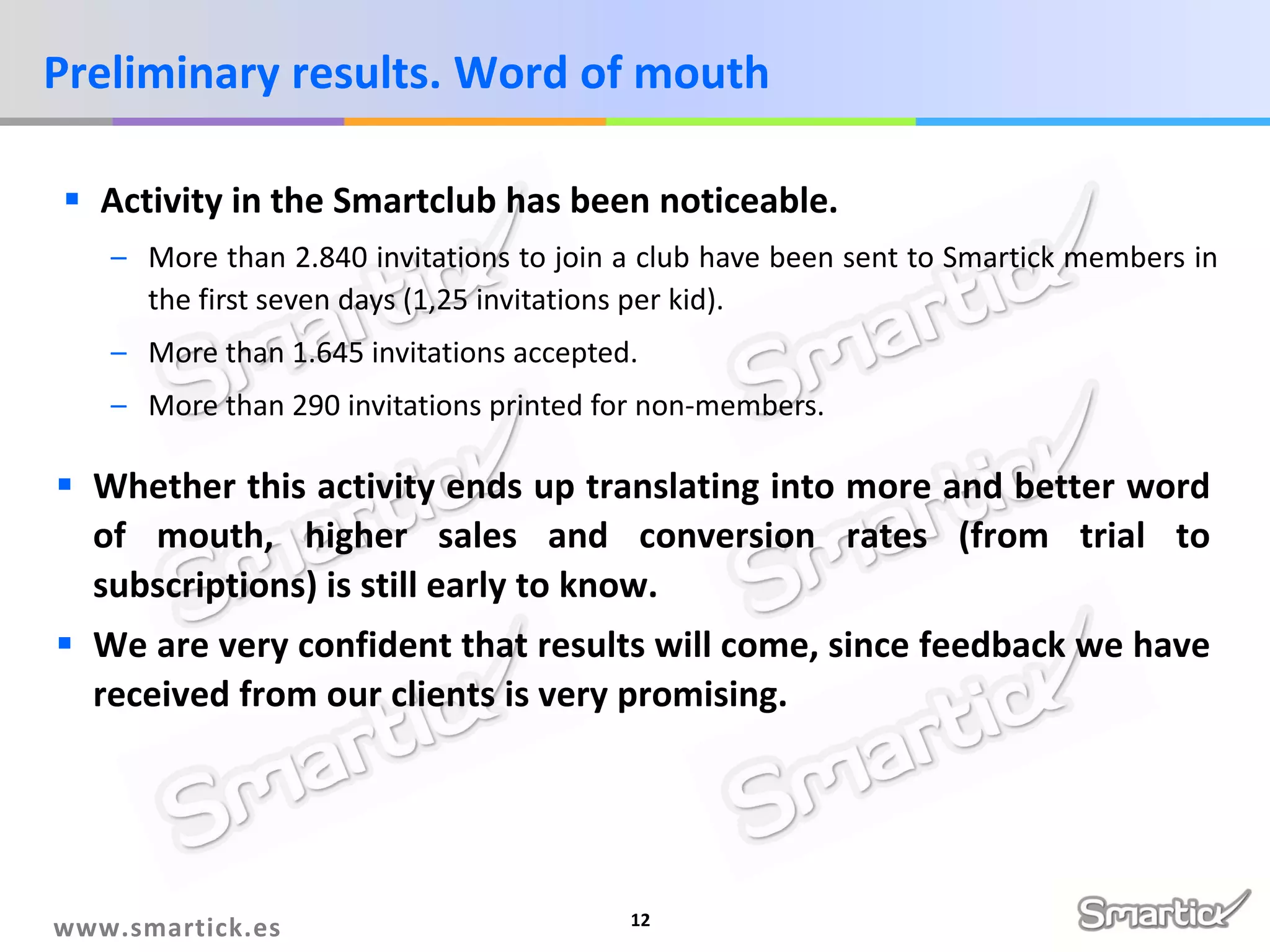 Preliminary results. Word of mouth
 Activity in the Smartclub has been noticeable.
– More than 2.840 invitations to join a club have been sent to Smartick members in
the first seven days (1,25 invitations per kid).
– More than 1.645 invitations accepted.

– More than 290 invitations printed for non-members.

 Whether this activity ends up translating into more and better word
of mouth, higher sales and conversion rates (from trial to
subscriptions) is still early to know.
 We are very confident that results will come, since feedback we have
received from our clients is very promising.

www.smartick.es

12

 