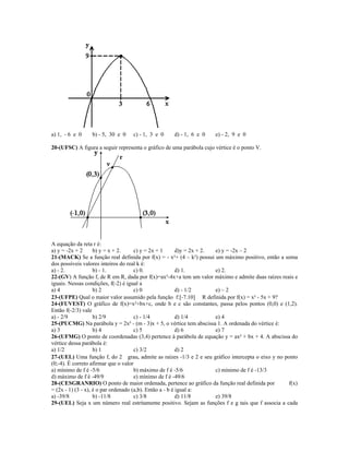 a) 1, - 6 e 0    b) - 5, 30 e 0    c) - 1, 3 e 0    d) - 1, 6 e 0     e) - 2, 9 e 0

20-(UFSC) A figura a seguir representa o gráfico de uma parábola cujo vértice é o ponto V.




A equação da reta r é:
a) y = -2x + 2      b) y = x + 2.     c) y = 2x + 1       d)y = 2x + 2. e) y = -2x – 2
21-(MACK) Se a função real definida por f(x) = - x²+ (4 – k²) possui um máximo positivo, então a soma
dos possíveis valores inteiros do real k é:
a) - 2.             b) - 1.           c) 0.               d) 1.         e) 2.
22-(GV) A função f, de R em R, dada por f(x)=ax²-4x+a tem um valor máximo e admite duas raízes reais e
iguais. Nessas condições, f(-2) é igual a
a) 4                b) 2              c) 0                d) - 1/2      e) – 2
23-(UFPE) Qual o maior valor assumido pela função f:[-7.10] R definida por f(x) = x² - 5x + 9?
24-(FUVEST) O gráfico de f(x)=x²+bx+c, onde b e c são constantes, passa pelos pontos (0,0) e (1,2).
Então f(-2/3) vale
a) - 2/9            b) 2/9            c) - 1/4            d) 1/4        e) 4
25-(PUCMG) Na parábola y = 2x² - (m - 3)x + 5, o vértice tem abscissa 1. A ordenada do vértice é:
a) 3                b) 4              c) 5                d) 6          e) 7
26-(UFMG) O ponto de coordenadas (3,4) pertence à parábola de equação y = ax² + bx + 4. A abscissa do
vértice dessa parábola é:
a) 1/2              b) 1              c) 3/2              d) 2
27-(UEL) Uma função f, do 2 grau, admite as raízes -1/3 e 2 e seu gráfico intercepta o eixo y no ponto
(0;-4). É correto afirmar que o valor
a) mínimo de f é -5/6                 b) máximo de f é -5/6             c) mínimo de f é -13/3
d) máximo de f é -49/9                e) mínimo de f é -49/6
28-(CESGRANRIO) O ponto de maior ordenada, pertence ao gráfico da função real definida por         f(x)
= (2x - 1) (3 - x), é o par ordenado (a,b). Então a - b é igual a:
a) -39/8            b) -11/8          c) 3/8              d) 11/8       e) 39/8
29-(UEL) Seja x um número real estritamente positivo. Sejam as funções f e g tais que f associa a cada
 