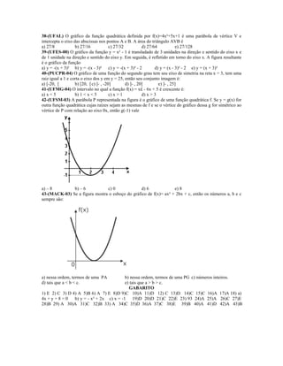 38-(UFAL) O gráfico da função quadrática definida por f(x)=4x²+5x+1 é uma parábola de vértice V e
intercepta o eixo das abscissas nos pontos A e B. A área do triângulo AVB é
a) 27/8            b) 27/16             c) 27/32           d) 27/64           e) 27/128
39-(UFES-00) O gráfico da função y = x² - 1 é transladado de 3 unidades na direção e sentido do eixo x e
de 1 unidade na direção e sentido do eixo y. Em seguida, é refletido em torno do eixo x. A figura resultante
é o gráfico da função
a) y = -(x + 3)² b) y = -(x - 3)² c) y = -(x + 3)² - 2            d) y = (x - 3)² - 2 e) y = (x + 3)²
40-(PUCPR-04) O gráfico de uma função do segundo grau tem seu eixo de simetria na reta x = 3, tem uma
raiz igual a 1 e corta o eixo dos y em y = 25, então seu conjunto imagem é:
a) [-20, [         b) [20, [ c) ]- , -20]        d) ]- , 20]        e) ]- , 25]
41-(UFMG-04) O intervalo no qual a função f(x) = x£ - 6x + 5 é crescente é:
a) x < 5           b) 1 < x < 5         c) x > 1           d) x > 3
42-(UFSM-03) A parábola P representada na figura é o gráfico de uma função quadrática f. Se y = g(x) for
outra função quadrática cujas raízes sejam as mesmas de f e se o vértice do gráfico dessa g for simétrico ao
vértice de P com relação ao eixo 0x, então g(-1) vale




a) – 8        b) – 6           c) 0              d) 6             e) 8
43-(MACK-03) Se a figura mostra o esboço do gráfico de f(x)= ax² + 2bx + c, então os números a, b e c
sempre são:




a) nessa ordem, termos de uma PA          b) nessa ordem, termos de uma PG c) números inteiros.
d) tais que a < b < c.                    e) tais que a > b > c.
                                            GABARITO
1) E 2) C 3) D 4) A 5)B 6) A 7) E 8)D 9)C 10)A 11)D 12) C 13)D 14)C 15)C 16)A 17)A 18) a)
4x + y + 8 = 0  b) y = - x² + 2x c) x = -1 19)D 20)D 21)C 22)E 23) 93 24)A 25)A 26)C 27)E
28)B 29) A 30)A 31)C 32)B 33) A 34)C 35)D 36)A 37)C 38)E 39)B 40)A 41)D 42)A 43)B
 