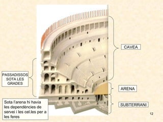 CAVEA ARENA PASSADISSOS SOTA LES GRADES SUBTERRANI Sota l’arena hi havia les dependències de servei i les cel.les per a les feres  