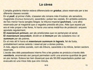 L'amplia graderia interior estava diferenciada en  gradus , pisos reservats per a les diferents classes socials: En el  podi , el primer d'ells, s'asseien els romans més il·lustres: els senadors, magistrats ( Cursus honorum ), sacerdots i potser les vestals. En ambdós extrems de l'eix menor havia sengles llotges: la tribuna imperial  ( pulvinar ),  i una altra reservada per al magistrat que a vegades presidia els jocs. Atès que aquest pis era el més proper a les feres, hi havia una xarxa metàl·lica de protecció i arquers apostats regularment.  El  maenianum primum , per als aristòcrates que no pertanyien al senat,  El  maenianum secundum , dividit en el  Immum   per als ciutadans rics i el  summum  per als pobres.  En el més alt hi havia el  maenianum summum   in legneis , fet de fusta, probablement sense seients i reservat per a dones pobres.  A més, alguns ordres socials, com els tribuns, sacerdots o la milícia, tenien sectors reservats. L'accés des dels passadissos interns fins a les grades es produïa a través dels  vomitoris , anomenats així perquè permetien sortir una enorme quantitat de gent en poc temps. Estava tan ben dissenyat que els 50.000 espectadors podien ser evacuats en una mica més que cinc minuts. La càvea 