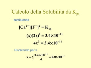Calcolo della Solubilità da Kps
– sostituendo
sp
22
K]F][[Ca =−+
112
104.3(x)(2x) −
×=
113
104.34x −
×=
– Risolvendo per x.
43
11-
100.2
4
103.4
x −
×=
×
=
 