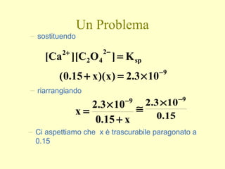 Un Problema
– sostituendo
sp
2
42
2
K]OC][[Ca =
−+
9
103.2)x)(x15.0( −
×=+
– Ci aspettiamo che x è trascurabile paragonato a
0.15
15.0
103.2 9−
×
≅
x15.0
103.2
x
9
+
×
=
−
– riarrangiando
 