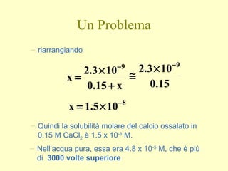 Un Problema
– riarrangiando
x15.0
103.2
x
9
+
×
=
−
15.0
103.2 9−
×
≅
8
105.1x −
×=
– Quindi la solubilità molare del calcio ossalato in
0.15 M CaCl2 è 1.5 x 10-8
M.
– Nell’acqua pura, essa era 4.8 x 10-5
M, che è più
di 3000 volte superiore
 
