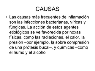 CAUSAS
• Las causas más frecuentes de inflamación
son las infecciones bacterianas, víricas y
fúngicas. La acción de estos agentes
etiológicos se ve favorecida por noxas
físicas, como las radiaciones, el calor, la
presión –por ejemplo, la sobre compresión
de una prótesis bucal–, y químicas –como
el humo y el alcohol
 