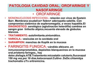 PATOLOGIA CAVIDAD ORAL, OROFARINGE Y
NASOFARINGE
• OROFARINGE
• MONONUCLEOSIS INFECCIOSA.- relación con virus de Epstein
Barr. Membrana exudativa+ fiebre+ adenopatia satelite. Con
compromiso sistémico de esplenomegalia, a veces hapatitis.El
DIAGNOSTICO: serológico (aglutinación heterófila) cambios en
sangre gran linfocito atípico,recuento elevado de globulos
blancos.
• TRATAMIENTO.-autolimitante,sintomático.
• VARICILA.- vesículas en la cavidada oral
• SARAMPION: manchas de Koplik en la mucosa
• FARINGITIS FUNGICA.-cándida albicans ,en
inmunocomprometidos, depósitos blanquecinos en la mucosa
oral,eriotema faringeo,, hay
dolor,disfagia.ATB.Tratamiento:micostatin colutorio,fluconazol
150 mg vez,por 10 dias,ketoconazol.Cultivo .DxDx:chlamidya
trachomatis c/Tx eritromicina.
 