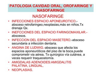 PATOLOGIA CAVIDAD ORAL, OROFARINGE Y
NASOFARINGE
NASOFARINGE
• INFECCIONES ESPACIO APONEUROTICO.-
absceso retrofaringeo,neoplasias,más en niños.Tx
drenaje Qx.
• INEFCCIONES DEL ESPACIO FARINGOMAXILAR.-
abscesos.
• INFECCION DEL ESPACIO MASETERO.-absceso
secundaria a infección dentaria.
• ANGINA DE LUDWIG.-absceso que afecta los
espacios aponeuróticos del piso de la boca,puede
comprometir via aérea, Tx quirúrgico vía cutánea, a
veces requerir traqueostomía.
• AMIGDALAS ADENOIDES:AMIGDALITIS
PALATINA, LINGUAL,
• NEOPLASIAS.
 