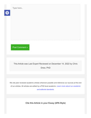 Post Comment »
Type here..
This Article was Last Expert Reviewed on December 14, 2022 by Chris
Drew, PhD
We cite peer reviewed academic articles wherever possible and reference our sources at the end
of our articles. All articles are edited by a PhD level academic. Learn more about our academic
and editorial standards.
Cite this Article in your Essay (APA Style)
 
