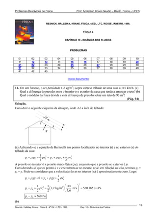 Problemas Resolvidos de Física Prof. Anderson Coser Gaudio – Depto. Física – UFES
RESNICK, HALLIDAY, KRANE, FÍSICA, 4.ED., LTC, RIO DE JANEIRO, 1996.
FÍSICA 2
CAPÍTULO 18 - DINÂMICA DOS FLUIDOS
PROBLEMAS
01 02 03 04 05 06 07 08 09 10
11 12 13 14 15 16 17 18 19 20
21 22 23 24 25 26 27 28 29 30
31 32 33 34 35 36 37 38 39 40
41 42 43
[Início documento]
12. Em um furacão, o ar (densidade 1,2 kg/m3
) sopra sobre o telhado de uma casa a 110 km/h. (a)
Qual a diferença de pressão entre o interior e o exterior da casa que tende a arrancar o teto? (b)
Qual o módulo da força devida a esta diferença de pressão sobre um teto de 93 m2
?
(Pág. 94)
Solução.
Considere o seguinte esquema da situação, onde A é a área do telhado:
A
i
e
F
ve
(a) Aplicando-se a equação de Bernoulli aos pontos localizados no interior (i) e no exterior (e) do
telhado da casa:
2 21 1
2 2
i i i e ep gy v p gy veρ ρ ρ+ + = + + ρ
A pressão no interior é a pressão atmosférica (p0), enquanto que a pressão no exterior é p.
Considerando-se que os pontos i e e encontram-se no mesmo nível em relação ao solo, teremos yi =
ye = y. Pode-se considerar que a velocidade do ar no interior (vi) é aproximadamente zero. Logo:
21
0
2
i ep gy p gy veρ ρ ρ+ + = + +
( )
2
2 31 1 110
1,2 kg/m m/s 560,1851 Pa
2 2 3,6
i e ep p vρ
⎛ ⎞
− = = =⎜ ⎟
⎝ ⎠
560 Pai ep p− ≈
________________________________________________________________________________________________________
Resnick, Halliday, Krane - Física 2 - 4
a
Ed. - LTC - 1996. Cap. 18 – Dinâmica dos Fluidos
15
(b)
 