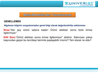 GENELLEMEK
Algılanan bilginin sorgulanmadan genel bilgi olarak değerlendirilip saklanması
İtiraz:“Her şey ürünü satana kadar! Ürünü aldıktan sonra bizle kimse
ilgilenmiyor.”
Kilit Soru:“Ürünü aldıktan sonra kimse ilgilenmiyor” dediniz. Sakıncası yoksa
başınızdan geçen bu tecrübeyi benimle paylaşabilir misiniz? Tam olarak ne oldu?
 