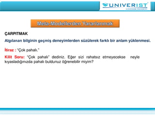 ÇARPITMAK
Algılanan bilginin geçmiş deneyimlerden süzülerek farklı bir anlam yüklenmesi.
İtiraz : “Çok pahalı.”
Kilit Soru: “Çok pahalı” dediniz. Eğer sizi rahatsız etmeyecekse neyle
kıyasladığınızda pahalı buldunuz öğrenebilir miyim?
 