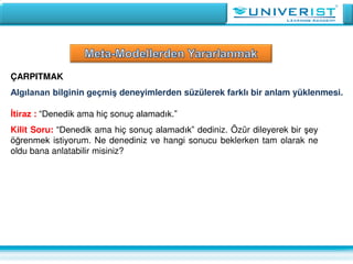 ÇARPITMAK
Algılanan bilginin geçmiş deneyimlerden süzülerek farklı bir anlam yüklenmesi.
İtiraz : “Denedik ama hiç sonuç alamadık.”
Kilit Soru: “Denedik ama hiç sonuç alamadık” dediniz. Özür dileyerek bir şey
öğrenmek istiyorum. Ne denediniz ve hangi sonucu beklerken tam olarak ne
oldu bana anlatabilir misiniz?
 