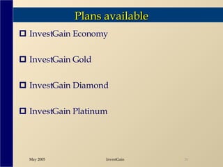Plans available InvestGain Economy  InvestGain Gold InvestGain Diamond InvestGain Platinum 