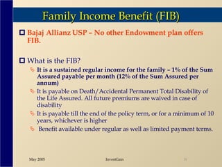 Family Income Benefit (FIB) Bajaj Allianz USP – No other Endowment plan offers  FIB. What is the FIB? It is a sustained regular income for the family – 1% of the Sum Assured payable per month (12% of the Sum Assured per annum) It is payable on Death/Accidental Permanent Total Disability of the Life Assured. All future premiums are waived in case of disability  It is payable till the end of the policy term, or for a minimum of 10 years, whichever is higher Benefit available under regular as well as limited payment terms. 