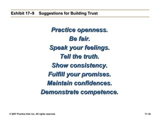 Exhibit 17–9 Suggestions for Building Trust Practice openness. Be fair. Speak your feelings. Tell the truth. Show consistency. Fulfill your promises. Maintain confidences. Demonstrate competence. 