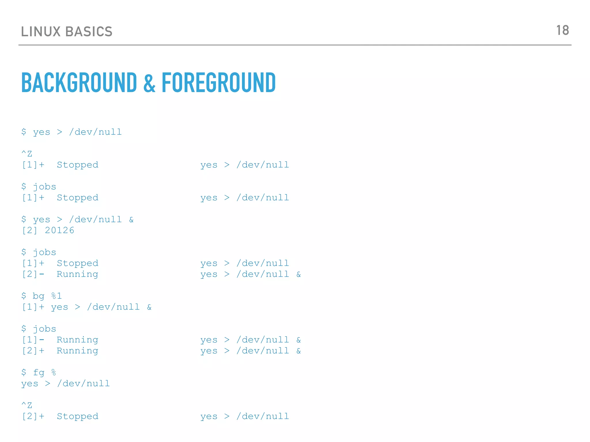 LINUX BASICS
BACKGROUND & FOREGROUND
$ yes > /dev/null
^Z
[1]+ Stopped yes > /dev/null
$ jobs
[1]+ Stopped yes > /dev/null
$ yes > /dev/null &
[2] 20126
$ jobs
[1]+ Stopped yes > /dev/null
[2]- Running yes > /dev/null &
$ bg %1
[1]+ yes > /dev/null &
$ jobs
[1]- Running yes > /dev/null &
[2]+ Running yes > /dev/null &
$ fg %
yes > /dev/null
^Z
[2]+ Stopped yes > /dev/null
18
 