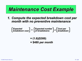 Maintenance Cost Example Compute the expected breakdown cost per month with no preventive maintenance = (1.6)($300) = $480  per month Expected breakdown cost Expected number of breakdowns Cost per breakdown = x 