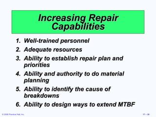 Increasing Repair Capabilities Well-trained personnel Adequate resources Ability to establish repair plan and priorities Ability and authority to do material planning Ability to identify the cause of breakdowns Ability to design ways to extend MTBF 