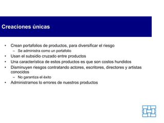 Creaciones únicas  Crean portafolios de productos, para diversificar el riesgo Se administra como un portafolio Usan el subsidio cruzado entre productos Una característica de estos productos es que son costos hundidos Disminuyen riesgos contratando actores, escritores, directores y artistas conocidos No garantiza el éxito Administramos lo errores de nuestros productos 