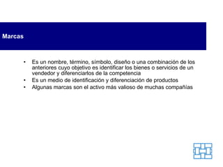 Marcas Es un nombre, término, símbolo, diseño o una combinación de los anteriores cuyo objetivo es identificar los bienes o servicios de un vendedor y diferenciarlos de la competencia Es un medio de identificación y diferenciación de productos Algunas marcas son el activo más valioso de muchas compañías 