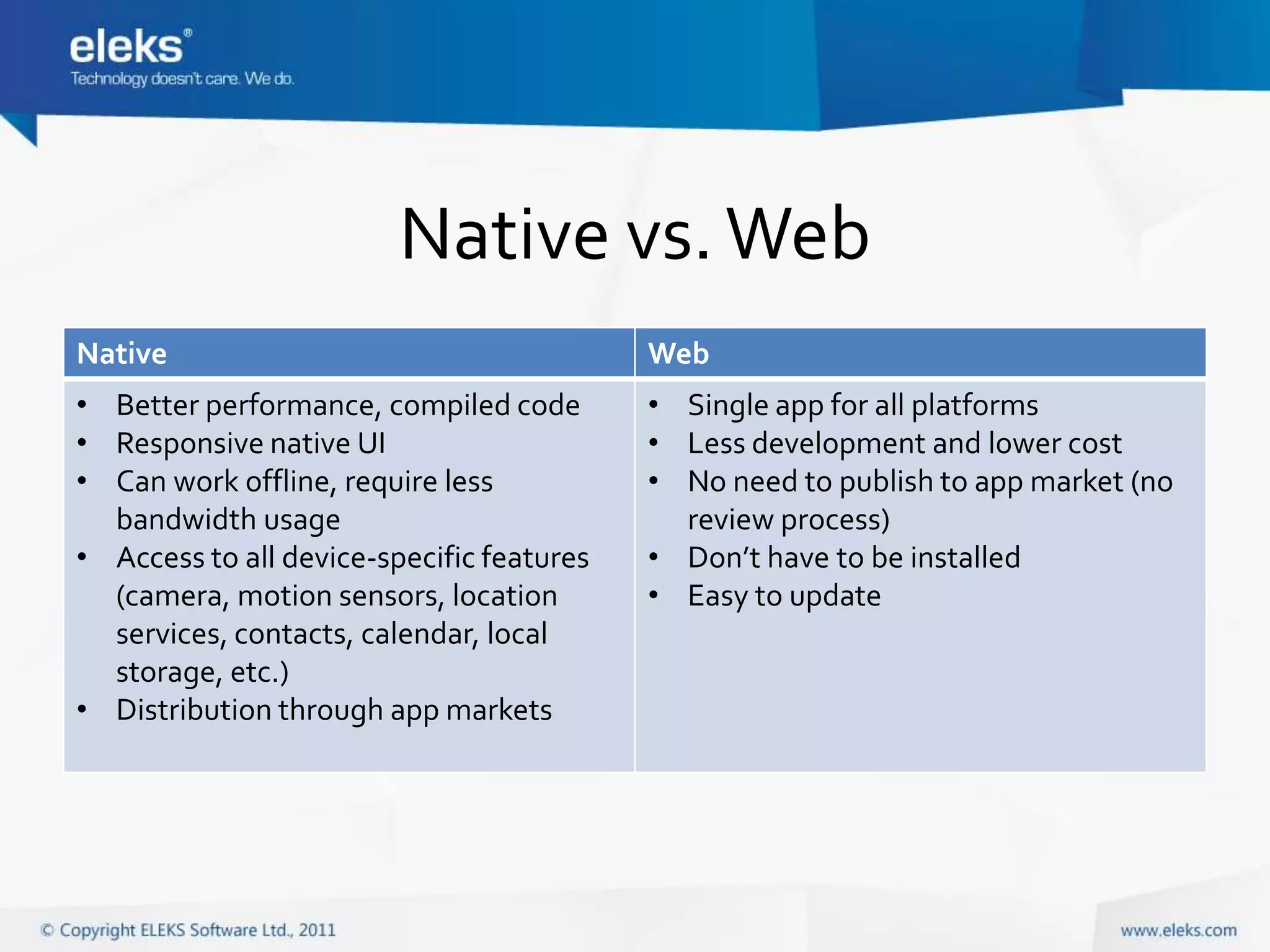 Native vs. Web
Native                                     Web
• Better performance, compiled code        • Single app for all platforms
• Responsive native UI                     • Less development and lower cost
• Can work offline, require less           • No need to publish to app market (no
  bandwidth usage                            review process)
• Access to all device-specific features   • Don’t have to be installed
  (camera, motion sensors, location        • Easy to update
  services, contacts, calendar, local
  storage, etc.)
• Distribution through app markets
 