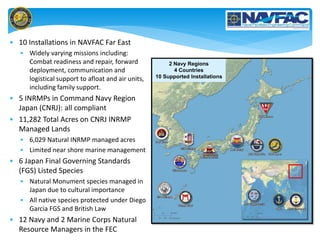 • 10 Installations in NAVFAC Far East
• Widely varying missions including:
Combat readiness and repair, forward
deployment, communication and
logistical support to afloat and air units,
including family support.
• 5 INRMPs in Command Navy Region
Japan (CNRJ): all compliant
• 11,282 Total Acres on CNRJ INRMP
Managed Lands
• 6,029 Natural INRMP managed acres
• Limited near shore marine management
• 6 Japan Final Governing Standards
(FGS) Listed Species
• Natural Monument species managed in
Japan due to cultural importance
• All native species protected under Diego
Garcia FGS and British Law
• 12 Navy and 2 Marine Corps Natural
Resource Managers in the FEC
2 Navy Regions
4 Countries
10 Supported Installations
 