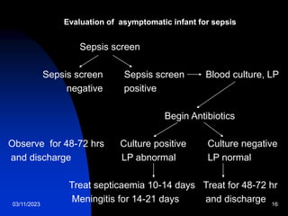 03/11/2023 16
Evaluation of asymptomatic infant for sepsis
Sepsis screen
Sepsis screen Sepsis screen Blood culture, LP
negative positive
Begin Antibiotics
Observe for 48-72 hrs Culture positive Culture negative
and discharge LP abnormal LP normal
Treat septicaemia 10-14 days Treat for 48-72 hr
Meningitis for 14-21 days and discharge
 