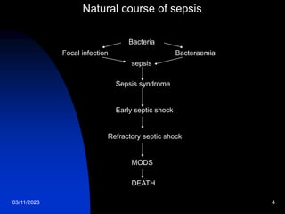 03/11/2023 4
Natural course of sepsis
Bacteria
Focal infection Bacteraemia
sepsis
Sepsis syndrome
Early septic shock
Refractory septic shock
MODS
DEATH
 