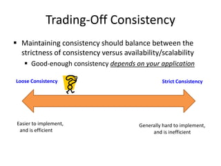 Trading-Off Consistency
 Maintaining consistency should balance between the
strictness of consistency versus availability/scalability
 Good-enough consistency depends on your application
Strict Consistency
Generally hard to implement,
and is inefficient
Loose Consistency
Easier to implement,
and is efficient
 