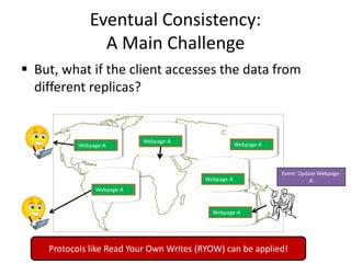 Eventual Consistency:
A Main Challenge
 But, what if the client accesses the data from
different replicas?
Webpage-A
Event: Update Webpage-
A
Webpage-A
Webpage-A
Webpage-A
Webpage-A
Webpage-A
Webpage-A
Webpage-A
Webpage-A
Webpage-A
Webpage-A
Webpage-A
Protocols like Read Your Own Writes (RYOW) can be applied!
 