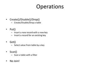 Operations
• Create()/Disable()/Drop()
– Create/Disable/Drop a table
• Put()
– Insert a new record with a new key
– Insert a record for an existing key
• Get()
– Select value from table by a key
• Scan()
– Scan a table with a filter
• No Join!
 