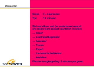 Opdracht 2 Groep : 3 – 4 personen Tijd : 10  minuten Stel met elkaar vast (en onderbouw) waaruit ons ideale team bestaat: (aantallen invullen)  … . Coach … . Leertrajectbegeleider … . Assessor … . Trainer … . Expert … . Innovator/ontwikkelaar … . Assistent Plenaire terugkoppeling: 5 minuten per groep 