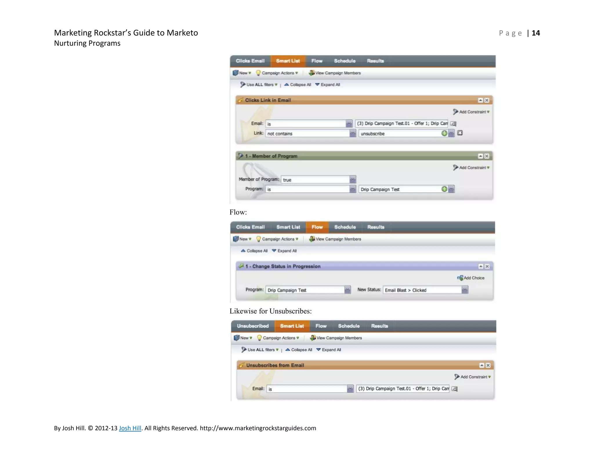 Marketing Rockstar’s Guide to Marketo

P a g e | 14

Nurturing Programs

Flow:

Likewise for Unsubscribes:

By Josh Hill. © 2012-13 Josh Hill. All Rights Reserved. http://www.marketingrockstarguides.com

 