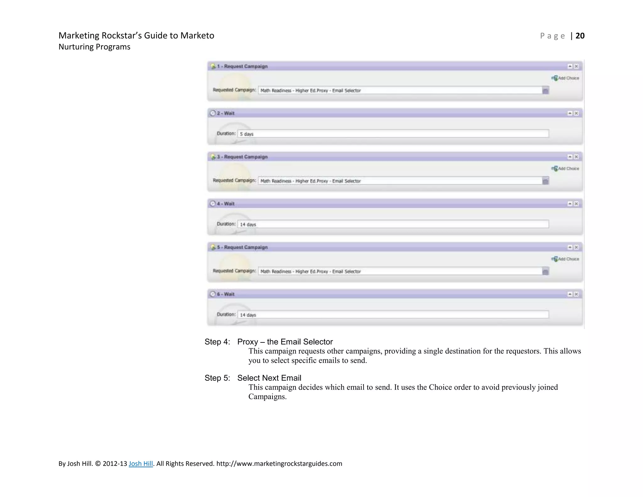 Marketing Rockstar’s Guide to Marketo

P a g e | 20

Nurturing Programs

Step 4: Proxy – the Email Selector
This campaign requests other campaigns, providing a single destination for the requestors. This allows
you to select specific emails to send.
Step 5: Select Next Email
This campaign decides which email to send. It uses the Choice order to avoid previously joined
Campaigns.

By Josh Hill. © 2012-13 Josh Hill. All Rights Reserved. http://www.marketingrockstarguides.com

 
