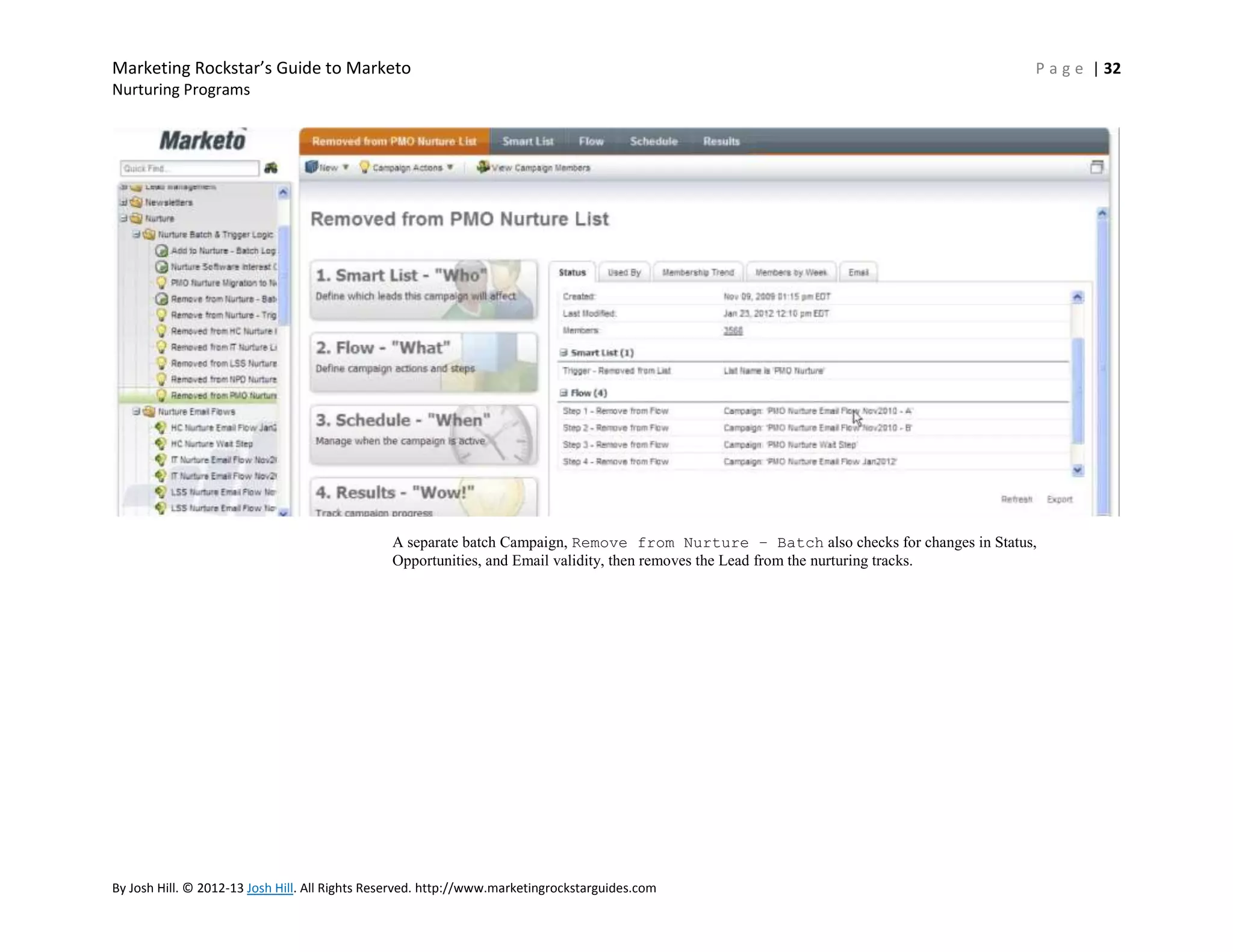 Marketing Rockstar’s Guide to Marketo

P a g e | 32

Nurturing Programs

A separate batch Campaign, Remove from Nurture – Batch also checks for changes in Status,
Opportunities, and Email validity, then removes the Lead from the nurturing tracks.

By Josh Hill. © 2012-13 Josh Hill. All Rights Reserved. http://www.marketingrockstarguides.com

 