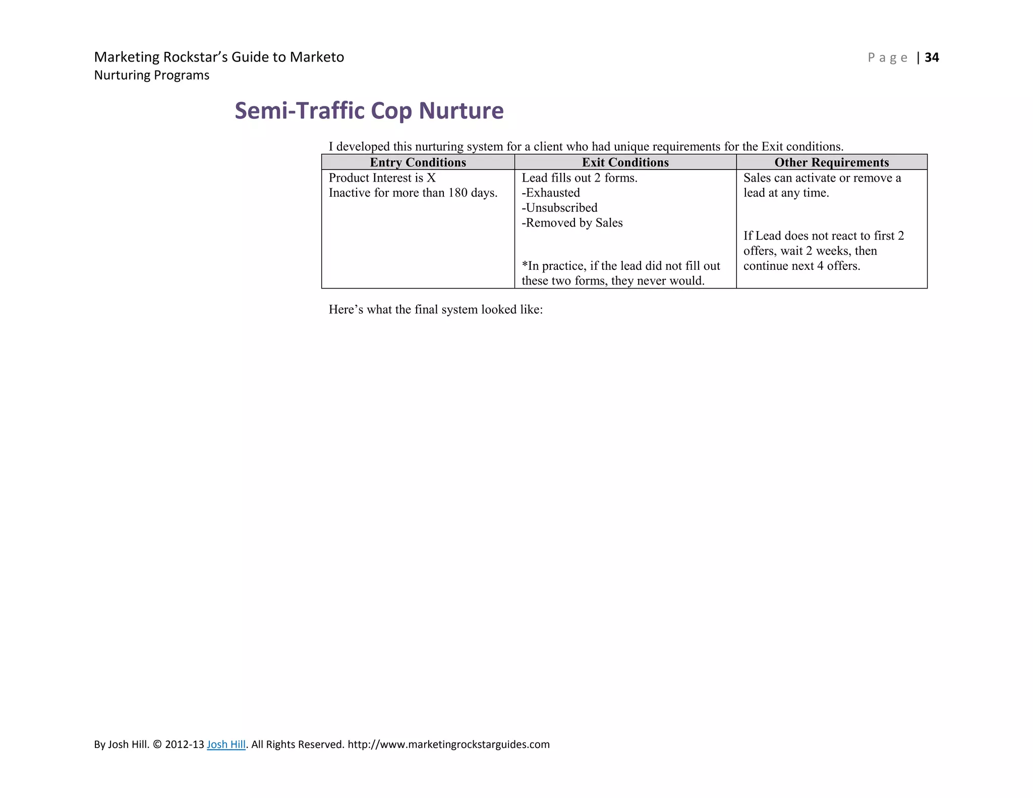 Marketing Rockstar’s Guide to Marketo

P a g e | 34

Nurturing Programs

Semi-Traffic Cop Nurture
I developed this nurturing system for a client who had unique requirements for the Exit conditions.
Entry Conditions
Exit Conditions
Other Requirements
Product Interest is X
Lead fills out 2 forms.
Sales can activate or remove a
Inactive for more than 180 days.
-Exhausted
lead at any time.
-Unsubscribed
-Removed by Sales
If Lead does not react to first 2
offers, wait 2 weeks, then
*In practice, if the lead did not fill out
continue next 4 offers.
these two forms, they never would.
Here’s what the final system looked like:

By Josh Hill. © 2012-13 Josh Hill. All Rights Reserved. http://www.marketingrockstarguides.com

 