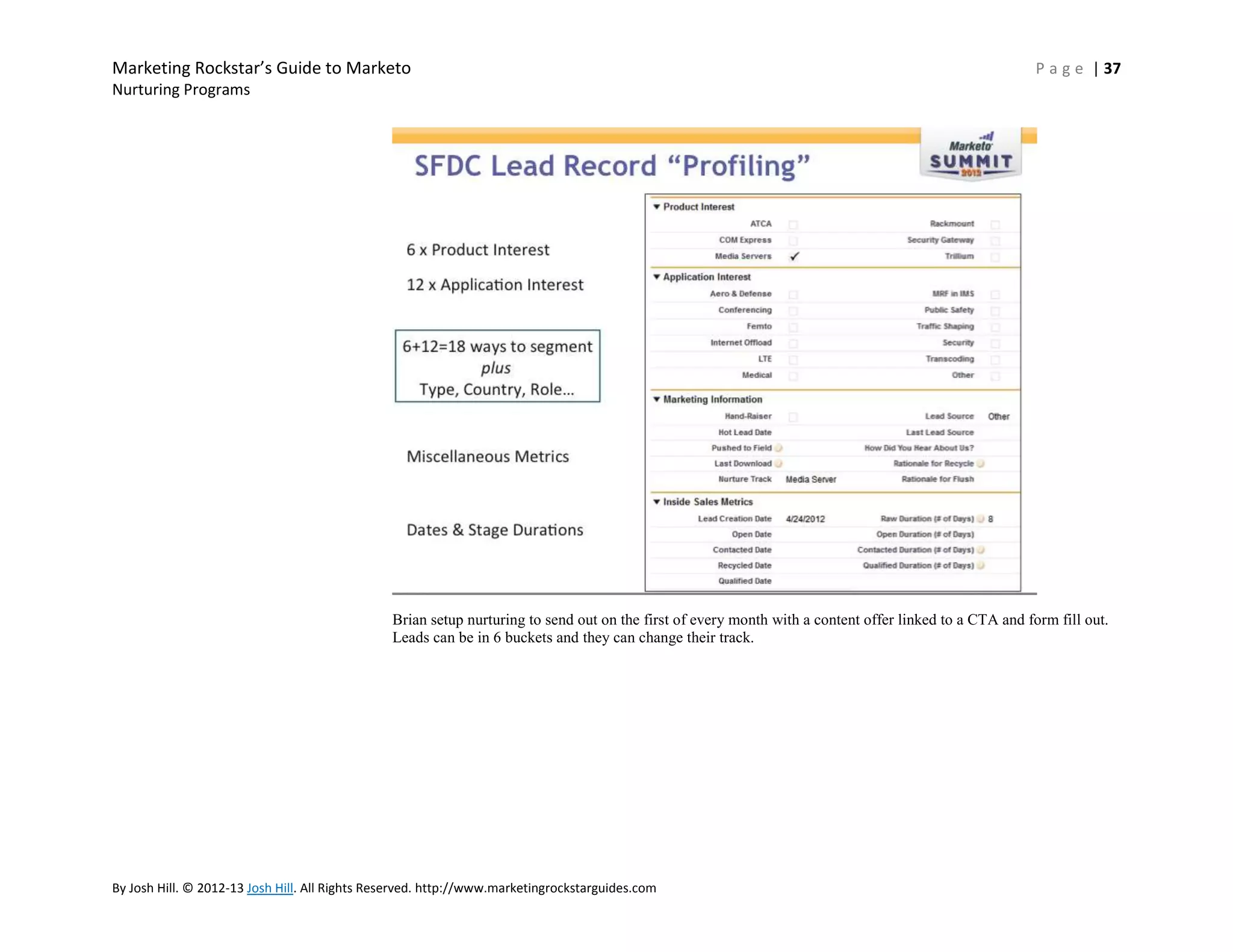 Marketing Rockstar’s Guide to Marketo

P a g e | 37

Nurturing Programs

Brian setup nurturing to send out on the first of every month with a content offer linked to a CTA and form fill out.
Leads can be in 6 buckets and they can change their track.

By Josh Hill. © 2012-13 Josh Hill. All Rights Reserved. http://www.marketingrockstarguides.com

 