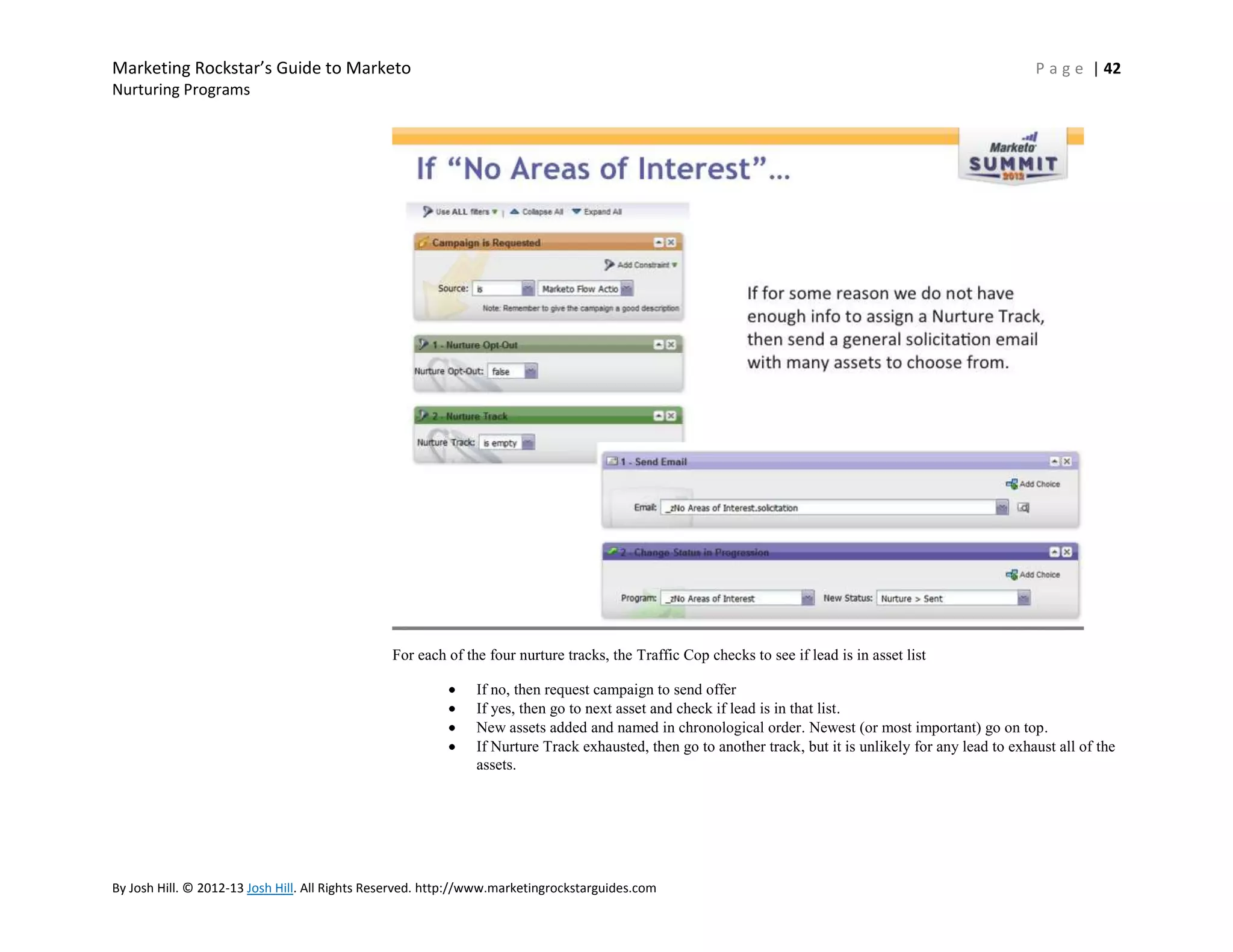 Marketing Rockstar’s Guide to Marketo

P a g e | 42

Nurturing Programs

For each of the four nurture tracks, the Traffic Cop checks to see if lead is in asset list
If no, then request campaign to send offer
If yes, then go to next asset and check if lead is in that list.
New assets added and named in chronological order. Newest (or most important) go on top.
If Nurture Track exhausted, then go to another track, but it is unlikely for any lead to exhaust all of the
assets.

By Josh Hill. © 2012-13 Josh Hill. All Rights Reserved. http://www.marketingrockstarguides.com

 