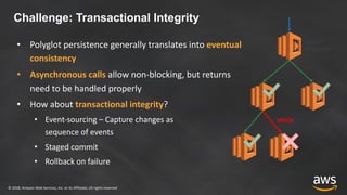 © 2018, Amazon Web Services, Inc. or its Affiliates. All rights reserved
Challenge: Transactional Integrity
• Polyglot persistence generally translates into eventual
consistency
• Asynchronous calls allow non-blocking, but returns
need to be handled properly
• How about transactional integrity?
• Event-sourcing – Capture changes as
sequence of events
• Staged commit
• Rollback on failure
ERROR
STATE?
ROLLBACK?
 