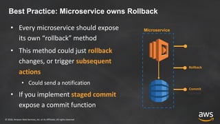 © 2018, Amazon Web Services, Inc. or its Affiliates. All rights reserved
Best Practice: Microservice owns Rollback
• Every microservice should expose
its own “rollback” method
• This method could just rollback
changes, or trigger subsequent
actions
• Could send a notification
• If you implement staged commit, also
expose a commit function
Microservice
Function 1
Rollback
Commit
(optional)
 
